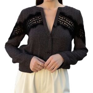 Ann Taylor Black and White Polka Dot Blouse with lace detailing Size XS